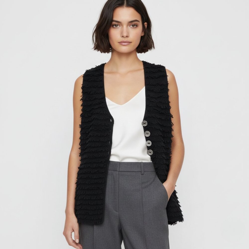 Pure Handknit Womens L/XL Fringe Boho Button Vest In Black